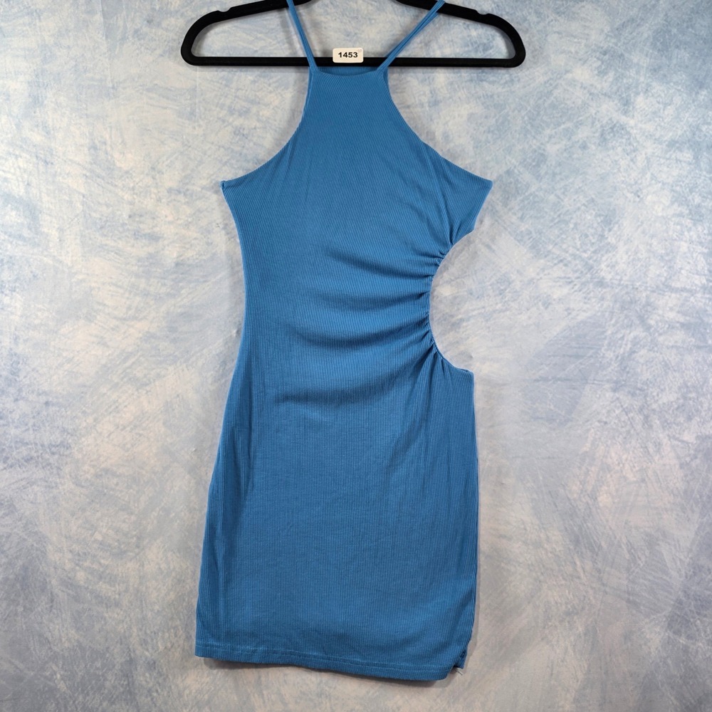 Superdown Womens Blue Ribbed Halter Mini Dress Side Cutout Ruched Size‎ S